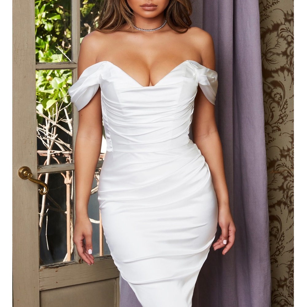 BRING THE DRAMA BARDOT SATIN KNEE LENGTH DRESS